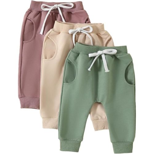 Toddler Baby Boys Girls Sweatpants 3 Pack Solid Color Elastic Waist Bottom Pants Newborn Infant Trousers