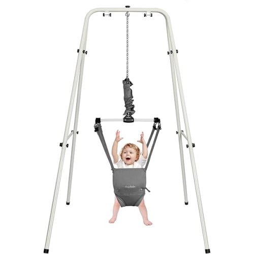 2 in 1 Baby Jumper with Stand, Baby Walking Harness Function, Premium Spring, for Infant 6-12 Months, Easy to Fold and Storage, Pure Grey