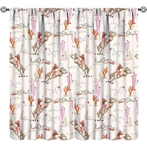 Western Cowgirl Curtains Wild West Desert Horse Pink Cactus Cartoon Abstract Art Bedroom Living Room Bathroom Blackout Rod Pocket Decoration Window Drapes 2 Panels W21xL45in