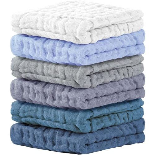 Baby Washcloths 6 Packs, Muslin Washcloths Baby,Cotton Burp Cloths, Extra Absorbent and Soft Wash Clothes for Newborns, 12x12 Inches
