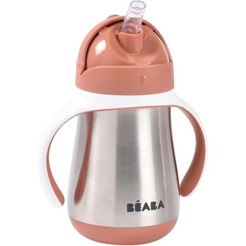 Beaba Stainless Steel Straw Sippy Cup, Insulated Toddler Cups Spill Proof with Removable Handles, Made with High Grade Stainless Steel, 8+ Months, 8.5 oz Terracotta