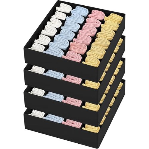 Joyoldelf Socks Organizer Drawer Organizer - Large Underwear Organizer, 24 Cell Collapsible Closet Organizers and Storage Sock Holders Organizers for Storing Socks, Ties, Belts 4 Pack (Black)