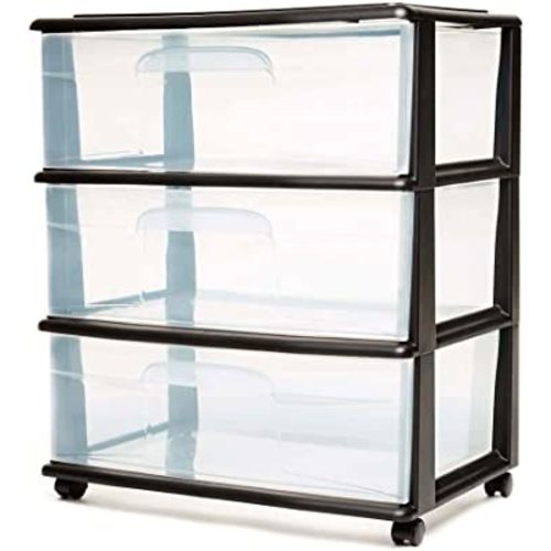 Homz Heavy Duty 3 Durable Clear Plastic Drawers Tall Wide Rolling Storage Cart with 4 Wheels for Home, Dorm, Office, and Classroom Organization, Black