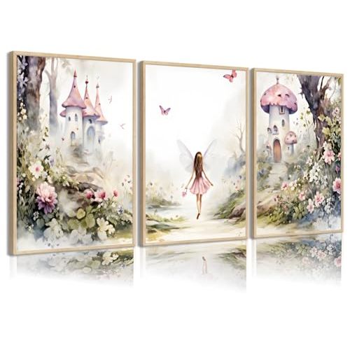 3 Pcs Fairy Garden Canvas Wall Art Flower Fairy Posters Prints mushroom castle Painting Pictures Enchanted forest Wall Decor for Living Room Bedroom Girls Room Nursery Decoration Unframed