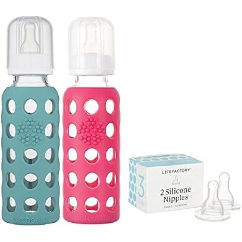 Lifefactory 9oz Glass Baby Bottle 2pk Bundle with 2 Stage 3 Nipples (Kale/Raspberry)