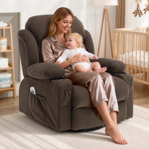 Swivel Rocker Recliner with Massage and Heat, LEGAHOME 24.4in Glider Rocking Chair for Nursery, Manual Rocking Chair for Adults, Living Room Massage Recliner Sofa with Cup Holder, Brown