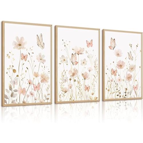 Pink Floral Wall Art Vintage Nursery Wildflower Canvas Wall Decor Watercolor Flower Prints Pink Boho Botanical Poster Butterfly Pictures Gold Beige Floral Painting for Bedroom 12x16 Inch Unframed 3pcs