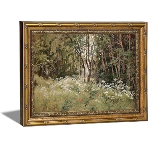 Vintage Gold Framed Wall Art Wildflowers at the Edge of the Forest Canvas Print Rustic Farmhouse Floral Picture Paintings Ideal for Living Room Bedroom Thoughtful gift and Home Decor 9x11 in