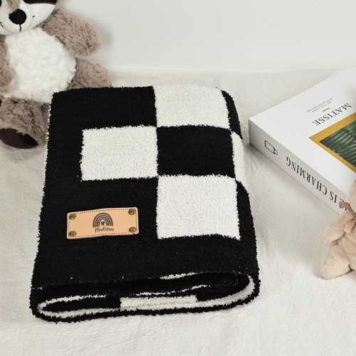 Checkered Baby Blanket, Custom Leather Patch Blanket, Checker Blanket, Cozy Stroller Blanket, Newborn Checkered Blanket, Baby Shower Gift
