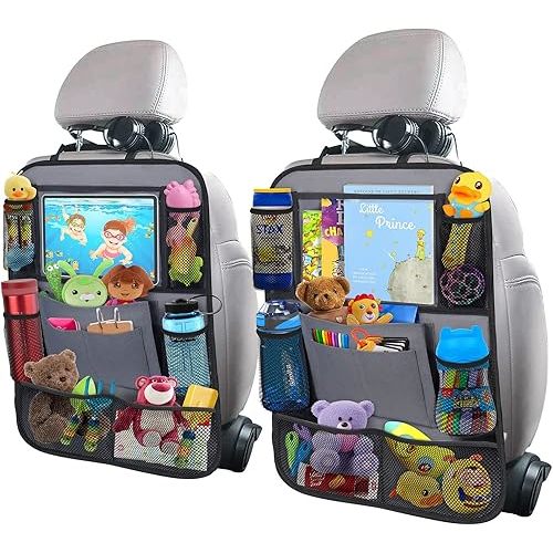 Car Backseat Organizer with 11" Table Holder, 10 Storage Pockets Seat Back Protectors Kick Mats for Kids Toddlers, Travel Accessories, 2 Pack, Gray
