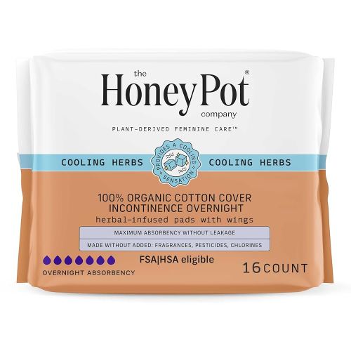 The Honey Pot Company - Herbal Pads for Women - Organic Incontinence Overnight w/Wings - Infused w/Essential Oils for Cooling Effect - Postpartum Essentials - Feminine Care - FSA & HSA - 16 ct