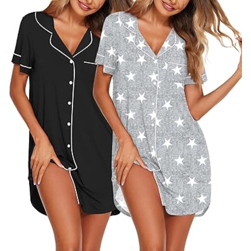 Ekouaer Nightgowns for Women 2 Pack Button Down Sleepwear Short Sleeve Sleepshirts Soft Nightshirts Boyfriend Pajama Dress