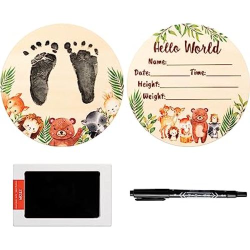 R HORSE Baby Birth Announcement Sign with Marker Pen, Wooden Baby Birth Sign with Ink Pad for Baby Hand and Footprints, Double-sided Cartoon Animal Newborn Announcement Sign for Baby Shower Keepsakes