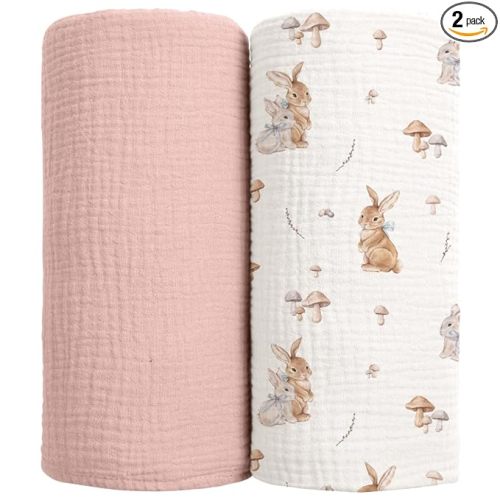lulumoon Muslin Swaddle Blankets for Baby: Cotton & Soft Receiving Blanket for Newborn with Branche Printed- Neutral Gift for Baby Shower 2pack(Bunny)