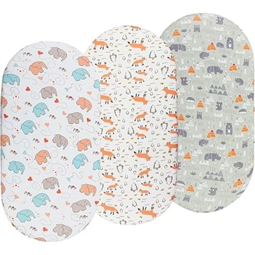 Bassinet Sheets 3 Pack for Baby Boy, Soft Stretchy Universal Fitted Sheet Set for Oval Rectangle Hourglass Bassinet Mattress, Forest Fox Elephant Printing