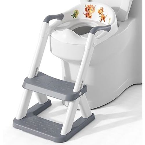 SKYROKU 8868 Potty Training Seat with Step Stool - Adjustable Height, Non-Slip, Splash-Proof, Foldable 2-in-1 Toddler Potty Seat with Armrests and Replaceable Cushion - Fits Most Toilets (Grey)