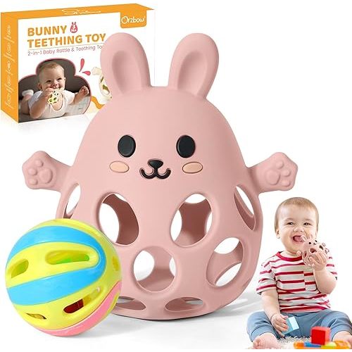 Orzbow Baby Teething Toys 3-6 Months, 2 in 1 Rattle & Teethers for Teething Relief, Easy Grasp Teething Mittens for Babies 0-12 Months,Food Grade Silicone, Newborn Infant Toddler Gift, Pink