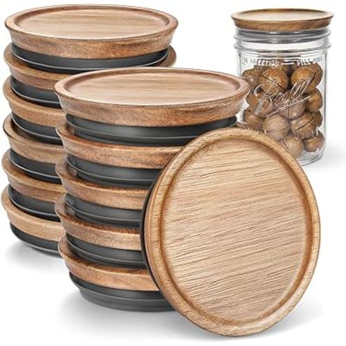6 Regular Mouth and 6 Wide Mouth Wooden Mason Jar Lids for Ball/Mason Jars, Reusable Acacia Wood Mason Jar Lids with Airtight Silicone Seal Perfect for Dry Food Storage (6PCS-Regular + 6PCS-Wide)