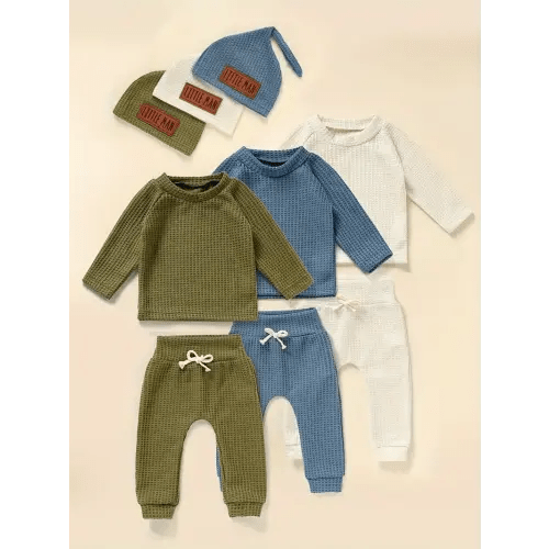 3 Set 9PCS Infant Baby Boy Clothes Outfits Waffle Long Sleeve Top Pants Little Man Hat Newborn Boy Outfit Set