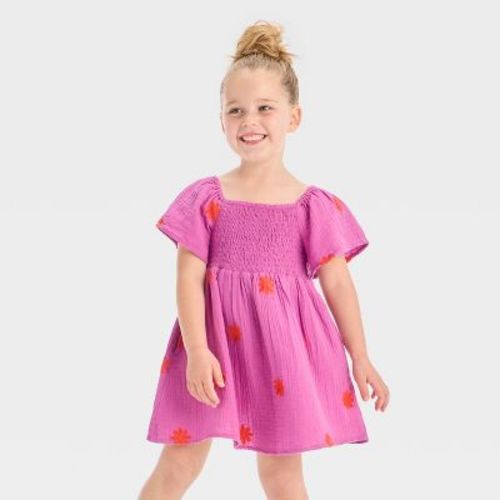Toddler Girls' Floral Embroidered Short Sleeve Dress - Cat & Jack™ Bright Purple/Red 18M