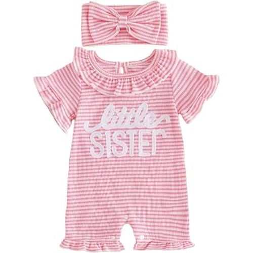 allshope Newborn Baby Girl Summer Outfit Romper Little Sister Lil Sis Embroidery Ruffle Collar Jumpsuit Infant Waffle Clothes