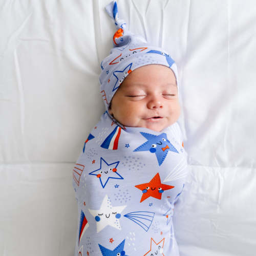 Blue Stars & Stripes Bamboo Viscose Swaddle + Hat Set