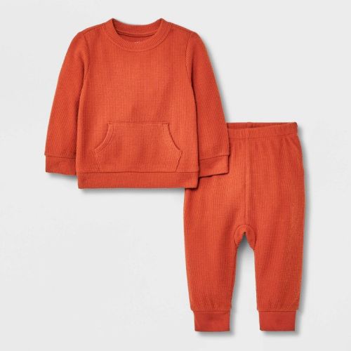 Baby 2pc Cozy Thermal Kangaroo Top & Bottom Set - Cat & Jack™, Color: Orange, Size: 6-9M