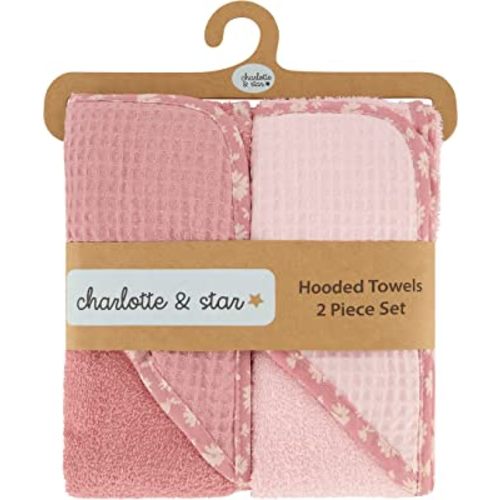 Cudlie Charlotte and Star Waffle Weave Hooded Baby Blanket for Infants and Toddlers, Pure Cotton Terry Cloth Towel for Children, 2-Pack Baby Bath Towels