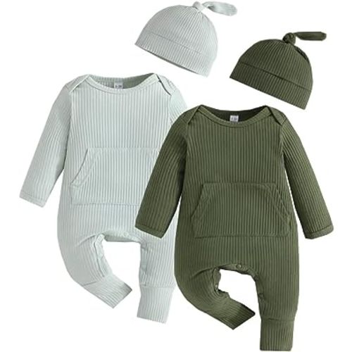 Bafeicao Newborn Baby Boy Girl Romper Ribbed Long Sleeve Jumpsuit with Hat Infant Coming Home Outfit Clothes Set
