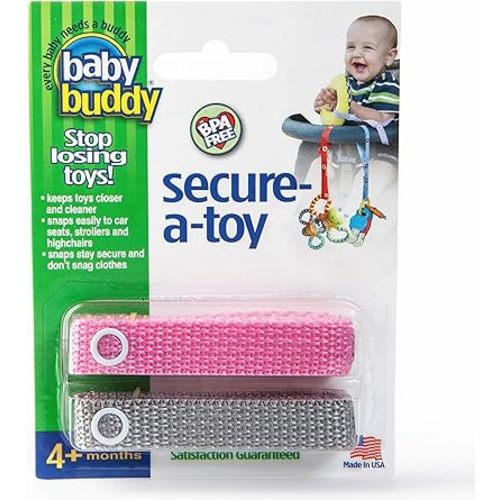 Baby Buddy Secure-a-Toy, Adjustable Pacifier and Teether Strap for Stroller, Highchair, and Car Seat, Pink Gray, 2 pack