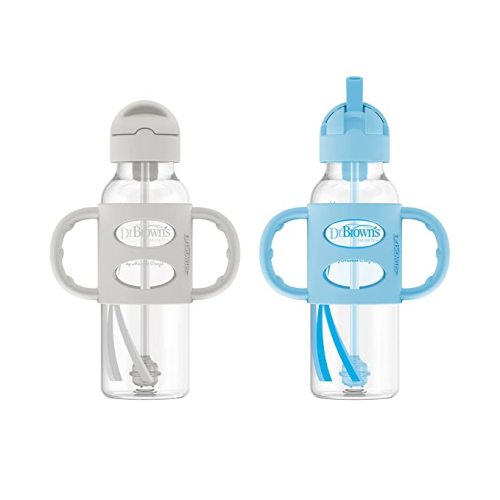 Dr. Brown's Milestones Narrow Sippy Straw Bottle, Spill-Proof with 100% Silicone Handles and Weighted Straw, 8 oz/250 mL, Gray & Blue, 6m+ - 2 Pack, Gray & Blue