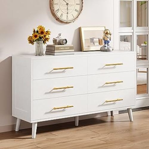 Aiho 6 Drawer Dresser for Bedroom, Chest of Drawers with Metal Handles, Wood Storage Dresser Modern Dresser for Nursery, Living Room, Entryway, White Dresser