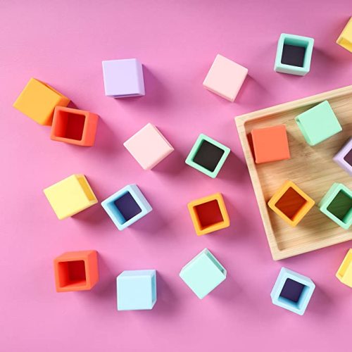 BLUE GINKGO Silicone Rainbow Blocks - Giftable Soft Blocks for Kids | BPA Free Silicone Blocks | Montessori Blocks, Silicone Rainbow Stacking Toy with Sorting Tray (24 PC - Pastel) - Pastel Rainbow 24pc