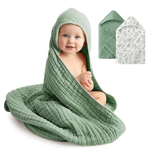 Baby Bath Towels, 100% Muslin Cotton Hooded Baby Towels for Newborn, 2 Pack Baby Towels with Hood for Infant Toddler and Kids, Large 32x32Inch Unisex Bath Essentials, Soft and Absorbent