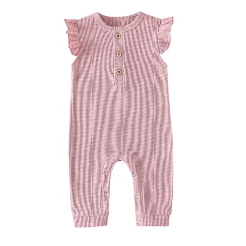 Baby Boy Girl Solid Romper Ruffle Short Sleeve Jumpsuits Clothes(Color:Pink,Size:3-6 Months)