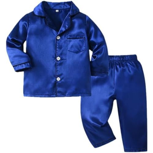 2-Piece Silk 𝐏ajamas Set for Kids Toddler Boy Girl Long Sleeve Satin 𝐒leepwear Button Down Shirt+Pants Baby Outfit