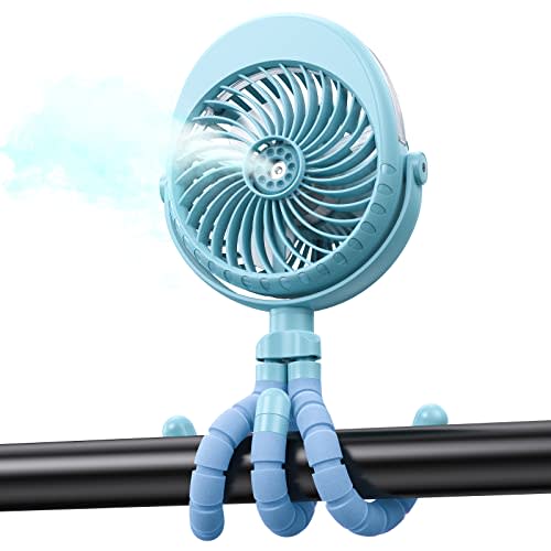 GRANDFAST Portable Stroller Fan with Mist, Rechargeable Misting Fan with Flexible Tripods, 360° Pivot Personal Mister for Cooling Outdoor Travel Beach Umbrella Wagon Crib Treadmill Car