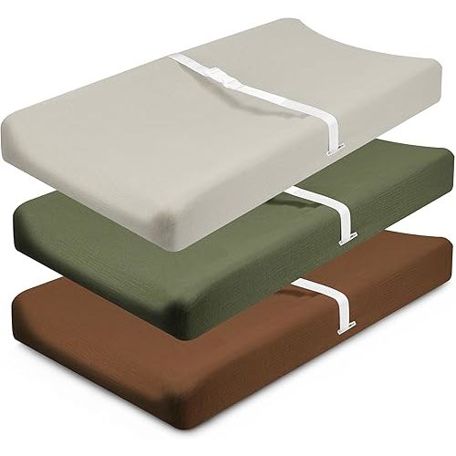 Muslin Changing Pad Cover, MomK!ds 3 Pack Changing Table Cover with Safety Straps Holes, Stretch Ultra Soft Diaper Changing Pad Sheets, Changing Table Sheets Fit 32"/34" x 16" Pads (Grey)