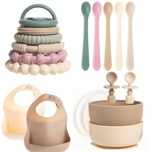 Silicone Baby Essentials Set – Neutrals Stacking Toy, Feeding Bibs, Suction Bowls With Spoons & First-stage Spoons – Bpa-free, Safe For Infants & Toddlers