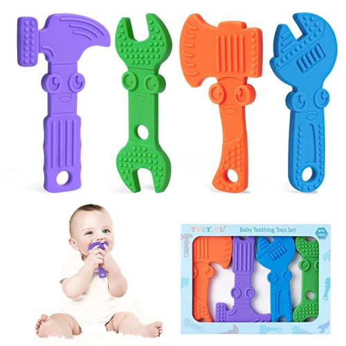 TYRY.HU Baby Teething Toys for Babies 0-6 Months 6-12 Months, BPA Free Silicone Baby Molar Teether Chew Toys, Hammer Wrench Spanner Pliers for Boys Girls, Soft-Textured, Easy to Hold & Clean, 4 Packs - Set B