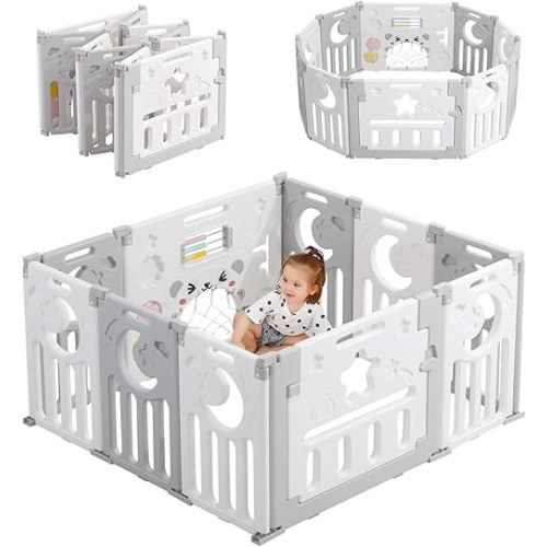 Baby Playpen, Dripex Foldable Playpen for Babies and Toddlers, Custom Shape Baby Fence, Safety Play Yard with Gate, Portable Play Area for Indoor or Outdoor, Grey White,10 Panel