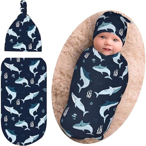 Sharks Ocean Baby Stuff Newborn Swaddle Blanket Animal Baby Wrap Blanket Soft Sleep Sacks with Beanie Hat Sets Gifts for Infant Boy Girl