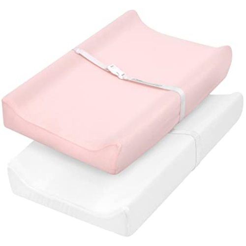 TILLYOU Jersey Knit Ultra Soft Changing Pad Cover Set, Unisex Diaper Change Table Sheets for Baby Boys Girls, Fit 32"/34''x16" Contoured Pad, Comfy Cozy 2-Pack Cradle Sheets, Peachy Pink & White - 2 Piece Assortment - 2-pack Peachy Pink & White