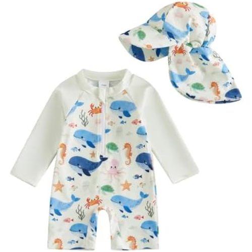 Toddler Baby Boy Girls One Piece Swimsuit Long Sleeve Zipper Bathing Suit with Hat Infant Rash Guard Swimwear