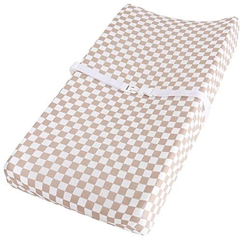 LifeTree Diaper Changing Pad Cover for Boys Girls - Soft Muslin Fitted Changing Table Sheets - 16"x32" Viscose from Bamboo Cotton Blend - Tan Checkered Print