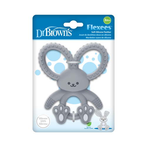 Dr. Brown's Flexees Teether, Gray Bunny, Soft 100% Silicone Baby Teether, BPA Free, 3m+, 1 Pack