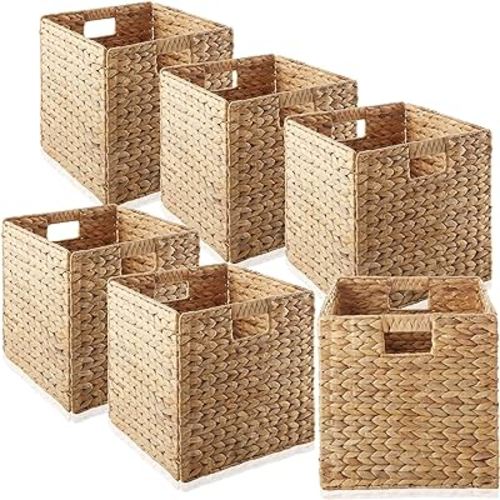 Casafield 12" x 12" Water Hyacinth Storage Baskets, Natural - Set of 6 Collapsible Cube Organizers, Woven Bins for Bathroom, Bedroom, Laundry, Pantry, Shelves