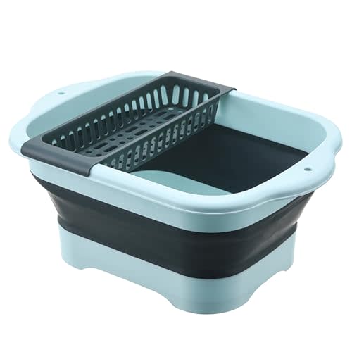 Alltiett 2.98 Gallon (11.28L) Collapsible Dish Basin with Drain Plug, Outdoor Multiuse Foldable Sink Tub, Dishpan, Wash Basin, Portable Kitchen Storage Tray for Camping, RV, Beverage Bucket (Green)