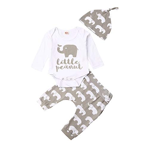 Rarjuiey 3Pcs Newborn Baby Boy Girl Elephant Outfits Long Sleeve Little Peanut Romper Bodysuit Leggings Pants Hat Clothes