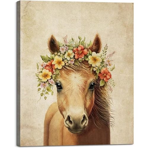 Baby Plum Cute Horse Wall Art Print Animal Pony with Wreath Portrait Canvas Poster Painting Rustic Artwork Wood Framed Wall Decor Cowgirl Room Farmhouse Nursery Gallery Decoration (12"x16"x1 Panel)